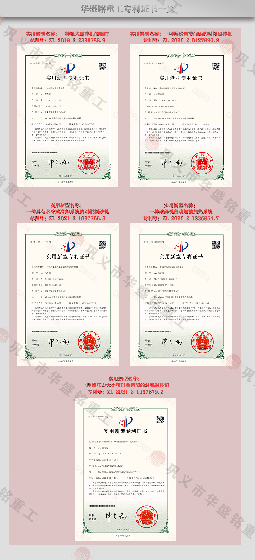 對輥破碎機專利證書